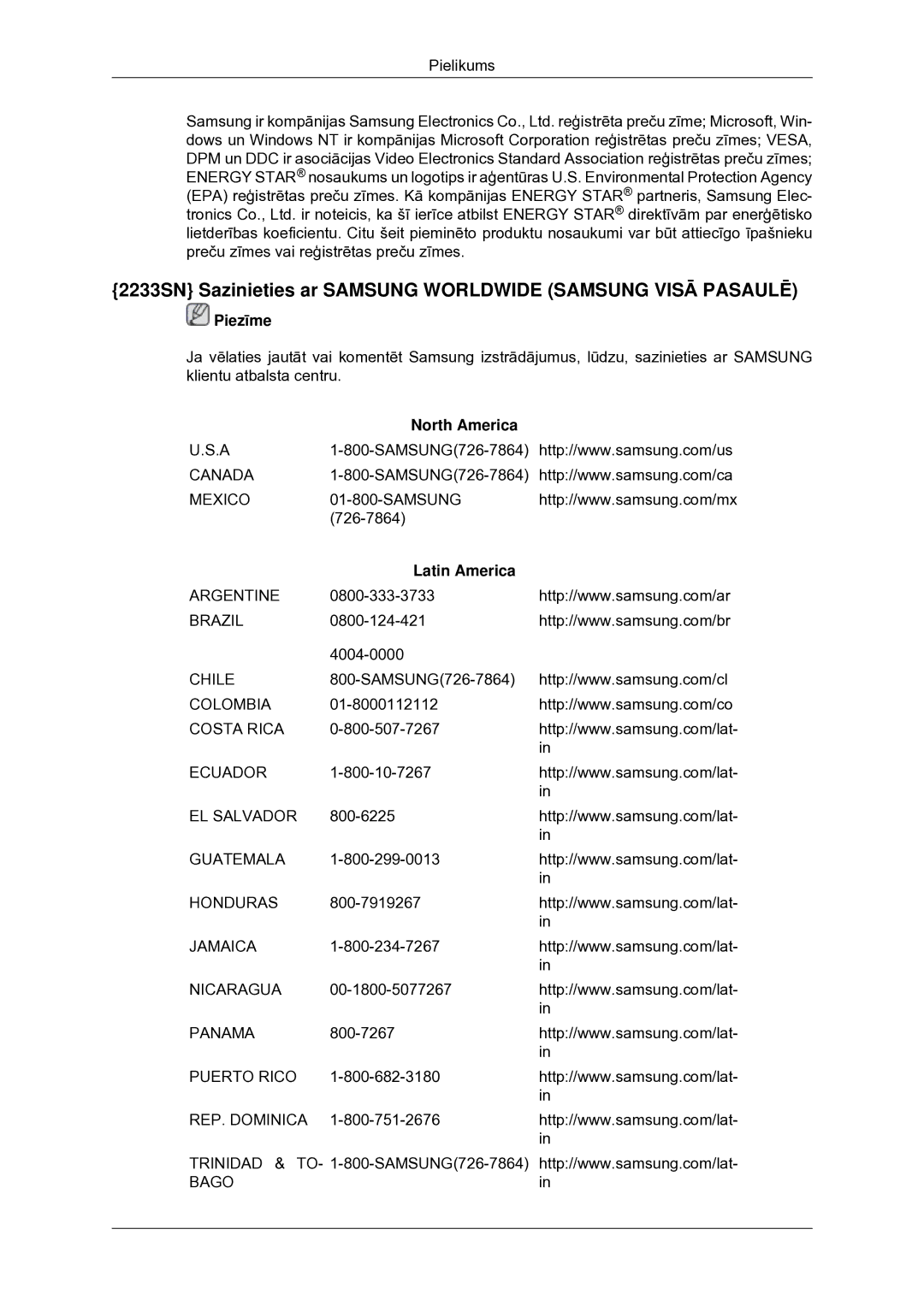 Samsung LS22CMYKF/EN, LS20CMYKF/EN, LS20CMYKFNA/EN manual 2233SN Sazinieties ar Samsung Worldwide Samsung Visā Pasaulē 