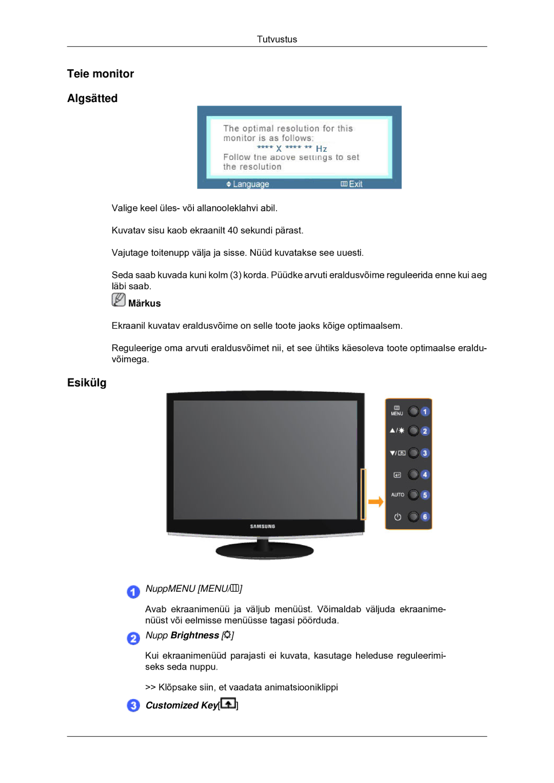 Samsung LS20CMYKFNA/EN, LS20CMYKF/EN, LS22CMYKF/EN manual Teie monitor Algsätted, Esikülg 