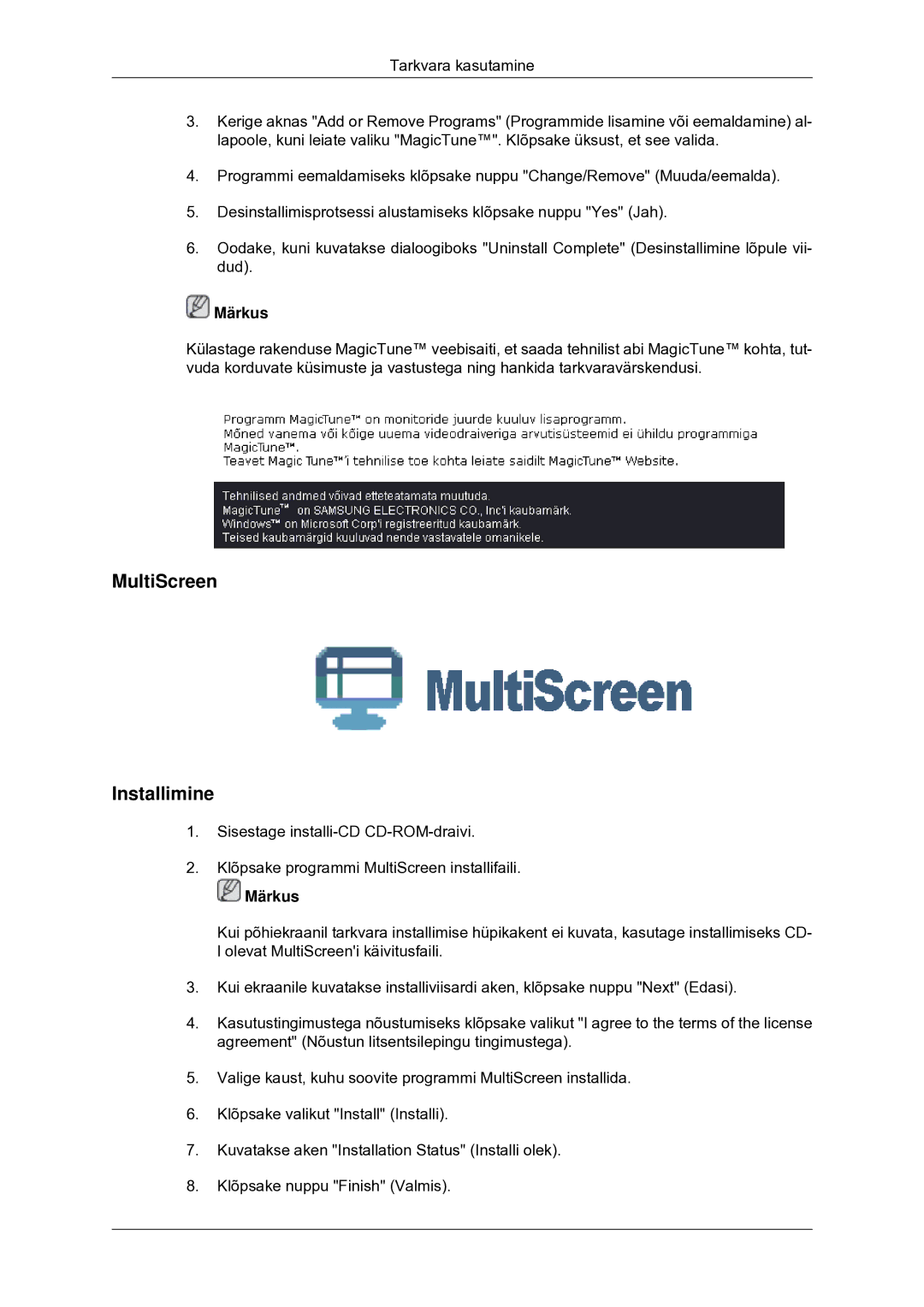 Samsung LS22CMYKF/EN, LS20CMYKF/EN, LS20CMYKFNA/EN manual MultiScreen Installimine 