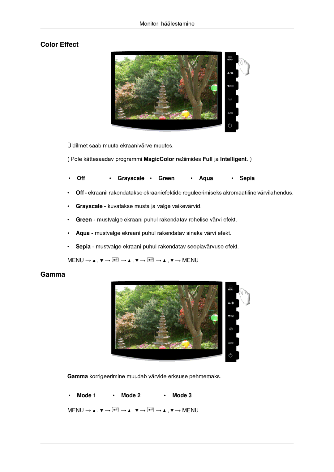 Samsung LS20CMYKF/EN, LS22CMYKF/EN, LS20CMYKFNA/EN manual Color Effect, Gamma, Off Grayscale Green Aqua Sepia, Mode 