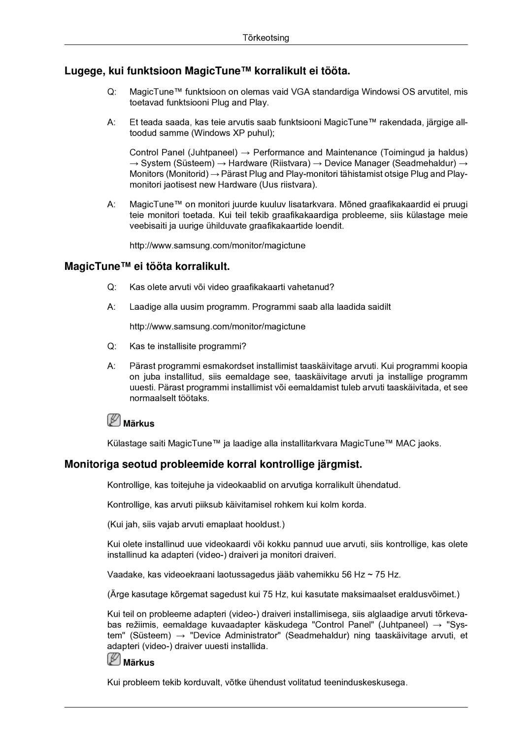 Samsung LS22CMYKF/EN, LS20CMYKF/EN, LS20CMYKFNA/EN manual Lugege, kui funktsioon MagicTune korralikult ei tööta 