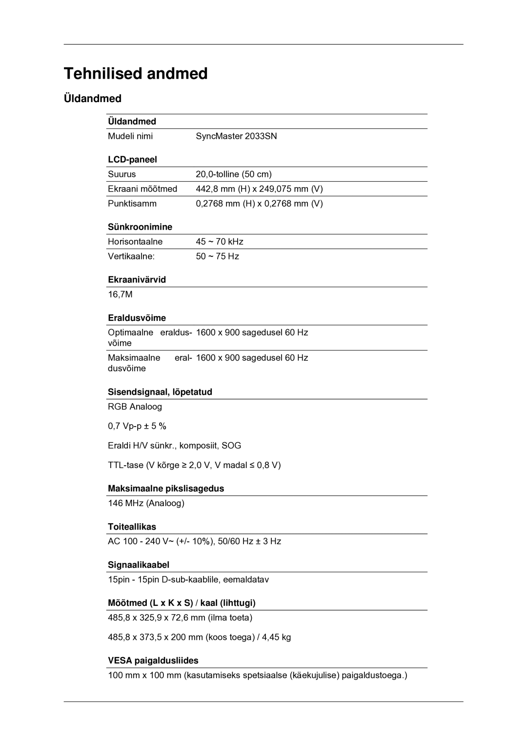 Samsung LS20CMYKF/EN, LS22CMYKF/EN, LS20CMYKFNA/EN manual Tehnilised andmed, Üldandmed 