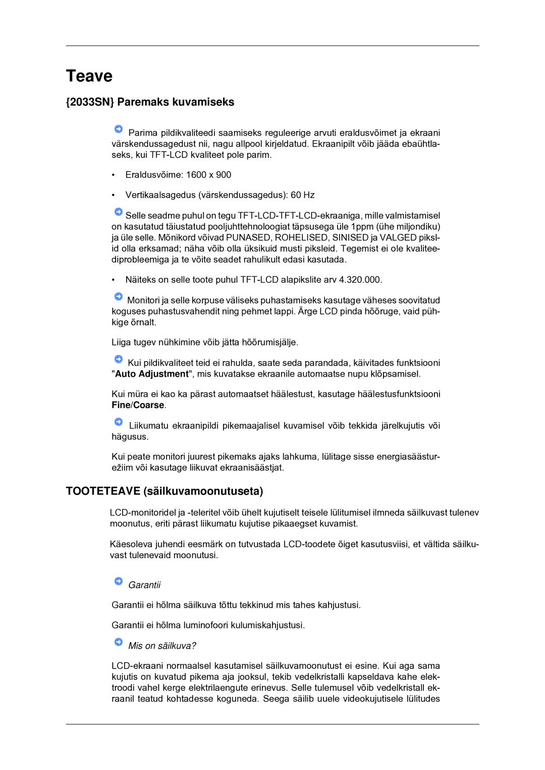 Samsung LS20CMYKF/EN, LS22CMYKF/EN, LS20CMYKFNA/EN manual Teave, 2033SN Paremaks kuvamiseks, Tooteteave säilkuvamoonutuseta 