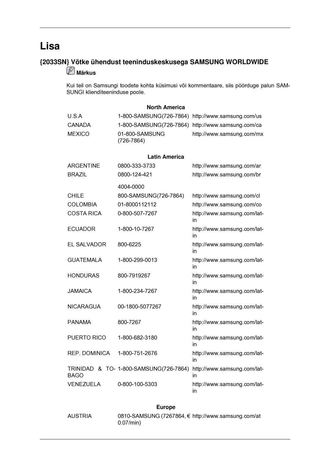 Samsung LS22CMYKF/EN manual Lisa, 2033SN Võtke ühendust teeninduskeskusega Samsung Worldwide, North America, Latin America 