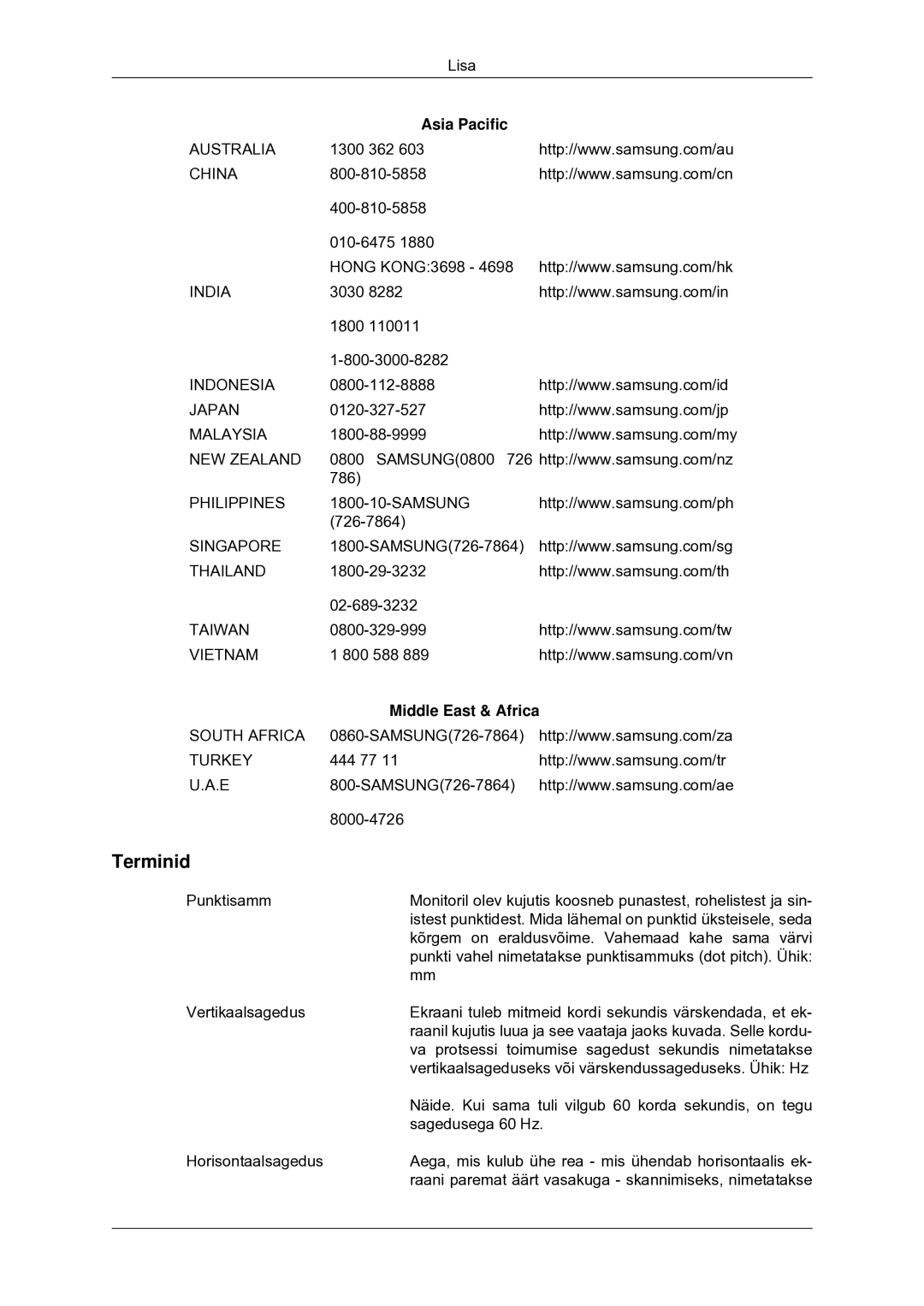 Samsung LS20CMYKF/EN, LS22CMYKF/EN, LS20CMYKFNA/EN manual Terminid, Asia Pacific, Middle East & Africa 