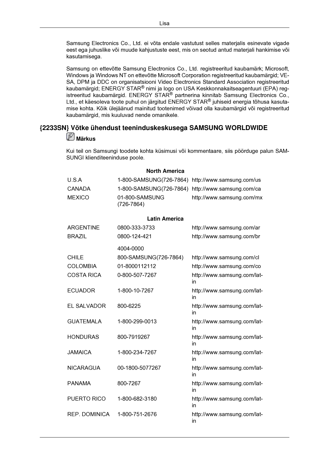 Samsung LS20CMYKFNA/EN, LS20CMYKF/EN, LS22CMYKF/EN manual 2233SN Võtke ühendust teeninduskeskusega Samsung Worldwide, Märkus 