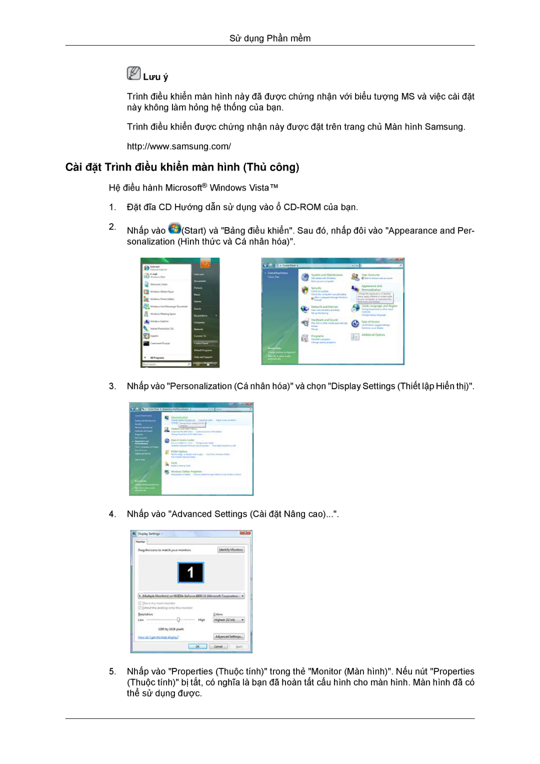 Samsung LS20CMYKFMXV manual Cài đặt Trình điều khiển màn hình Thủ công 