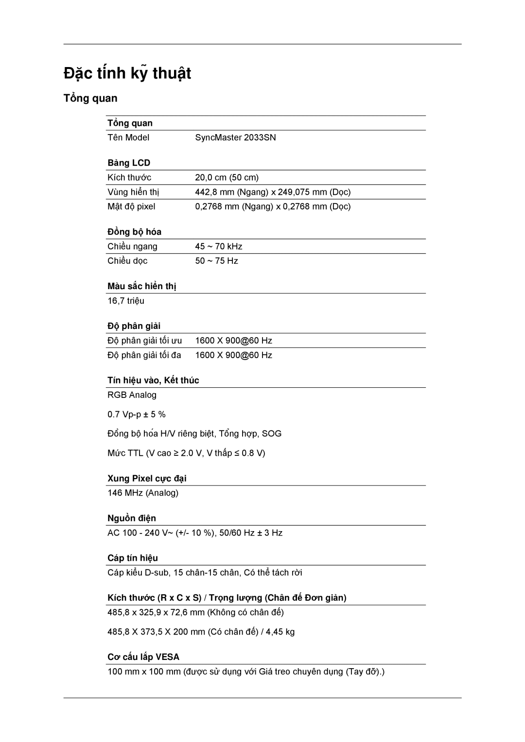 Samsung LS20CMYKFMXV manual Đặc tính kỹ thuật, Tổng quan 