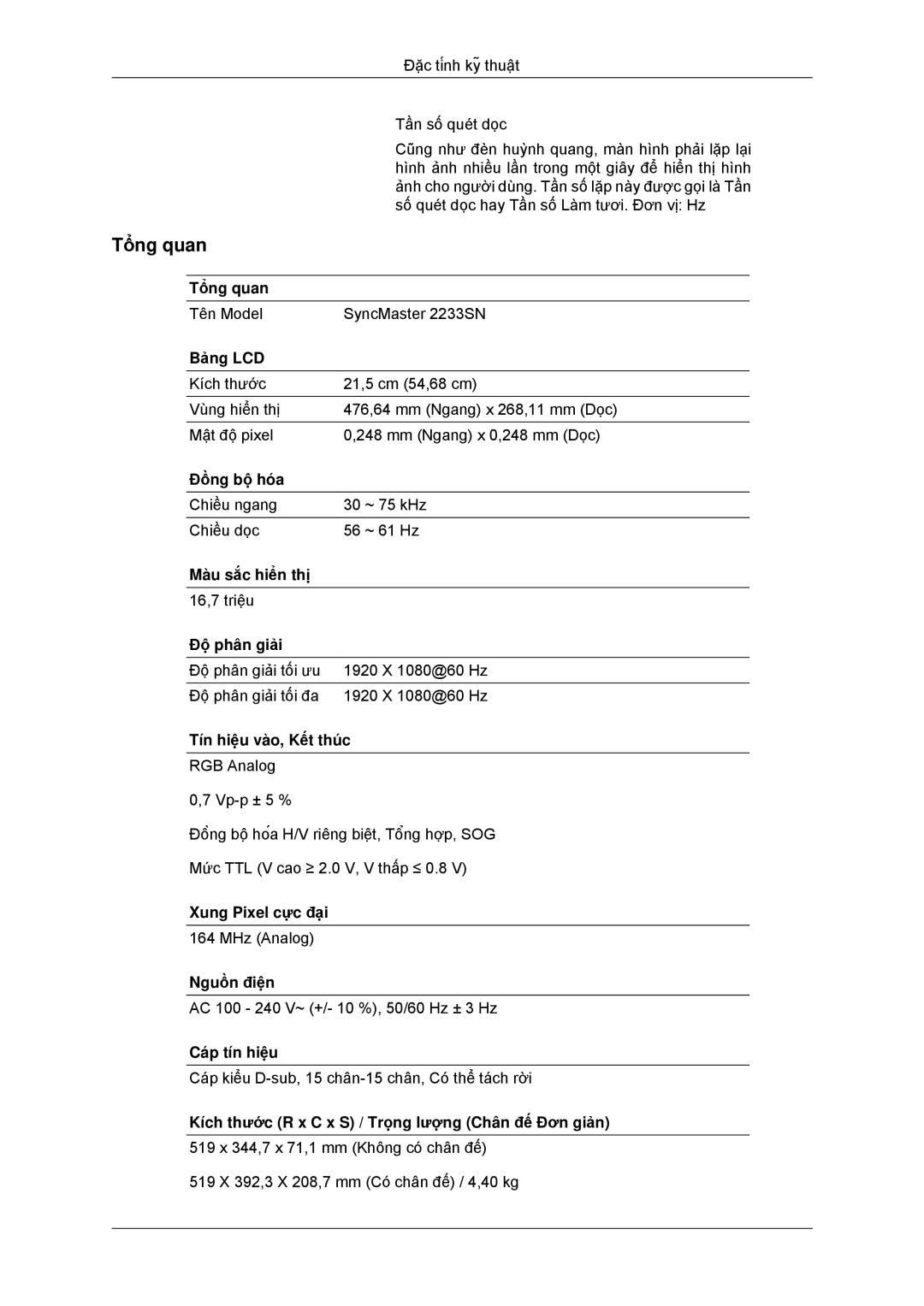 Samsung LS20CMYKFMXV manual Số quét dọc hay Tần số Làm tươi. Đơn vị Hz 