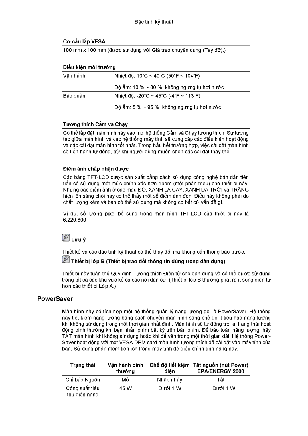 Samsung LS20CMYKFMXV manual Cơ cấu lắp Vesa, Tắt nguồn nút Power Thường Điện 