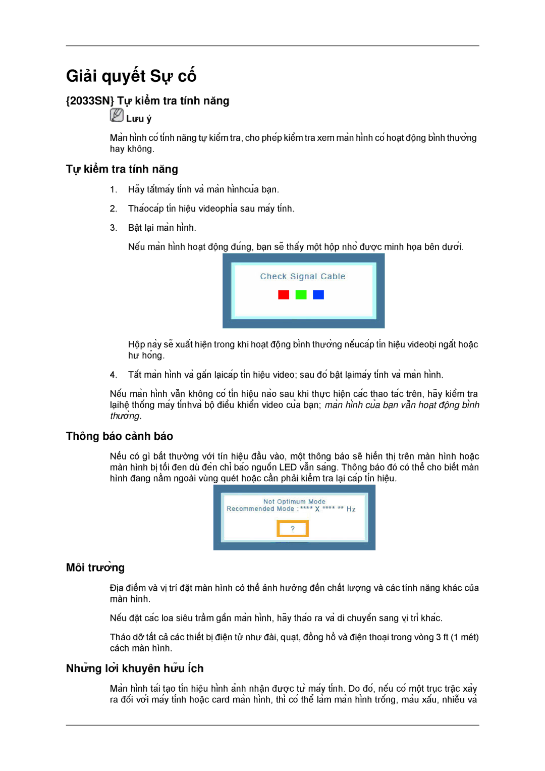 Samsung LS20CMYKFMXV manual 2033SN Tự kiểm tra tính năng, Thông báo cảnh báo, Môi trường, Những lời khuyên hữu ích 