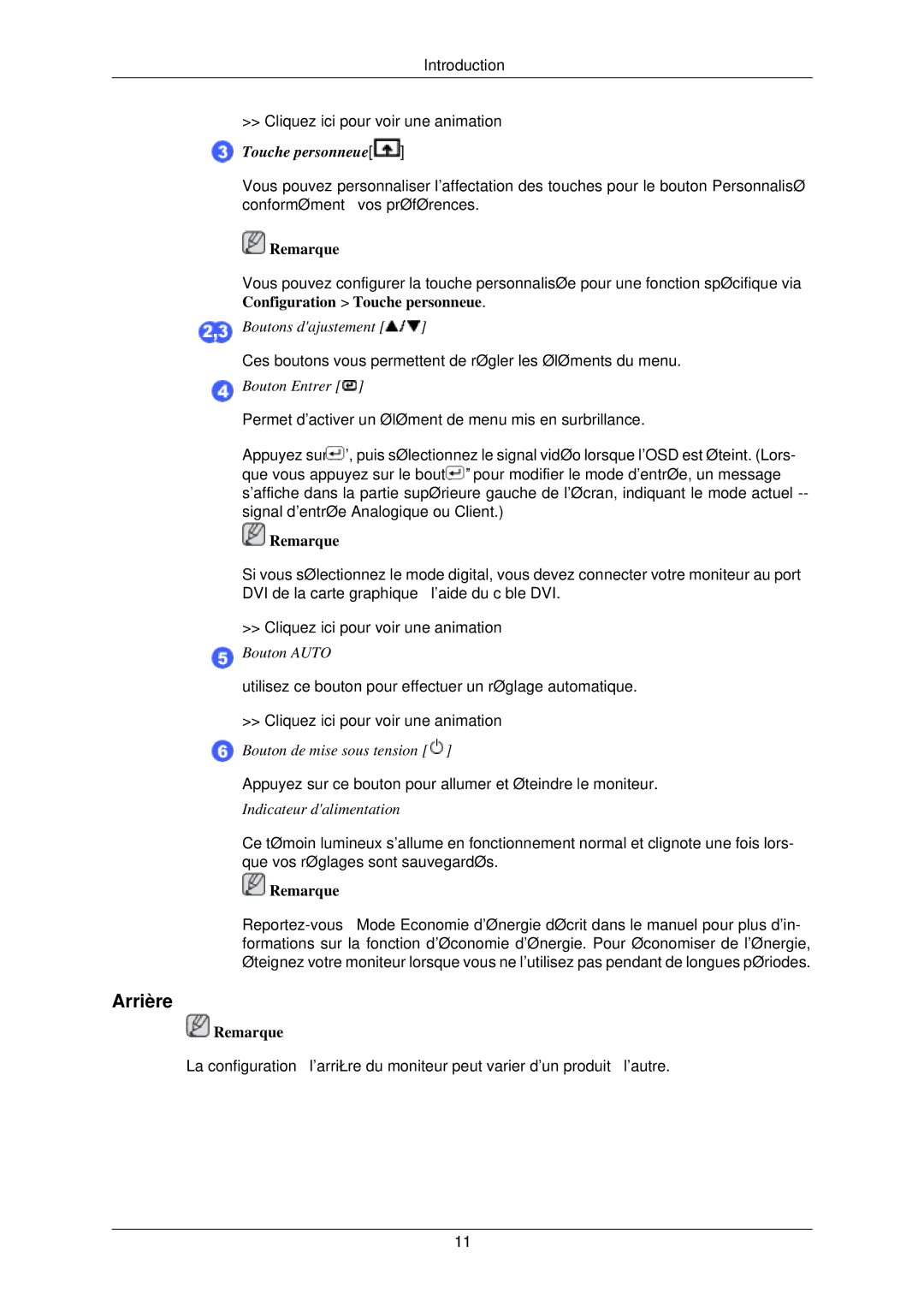 Samsung LS20CMZKFVA/EN, LS20CMZKFV/EN, LS22CMZKFV/ZA manual Arrière, Touche personneue 