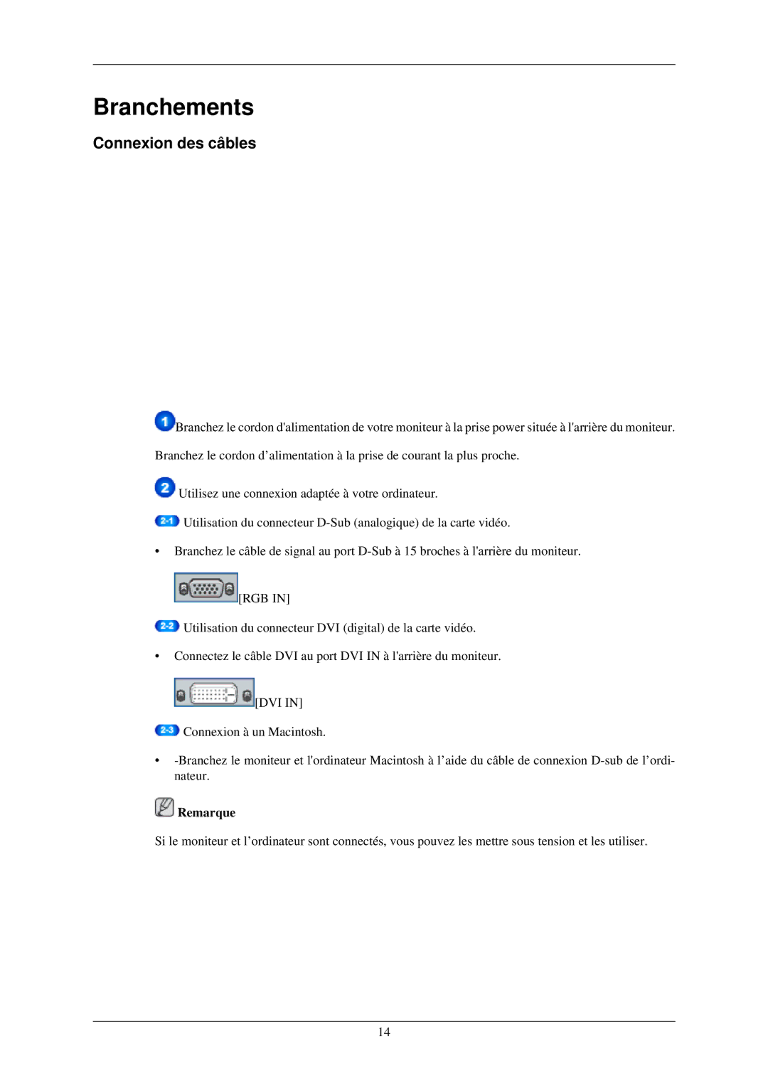 Samsung LS20CMZKFVA/EN, LS20CMZKFV/EN, LS22CMZKFV/ZA manual Branchements, Connexion des câbles 