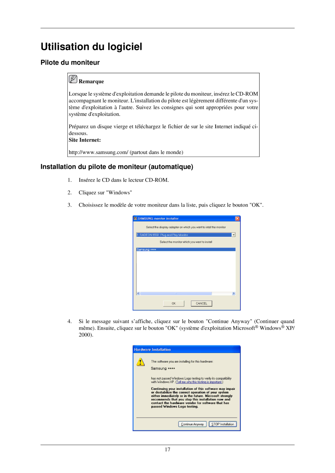 Samsung LS20CMZKFVA/EN manual Utilisation du logiciel, Pilote du moniteur, Installation du pilote de moniteur automatique 