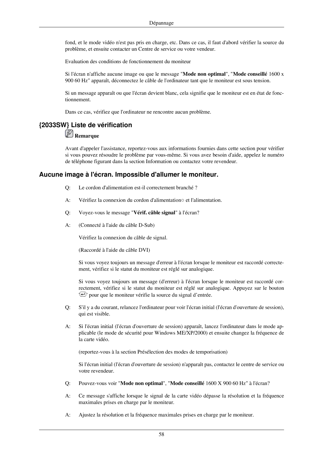 Samsung LS22CMZKFV/ZA, LS20CMZKFVA/EN 2033SW Liste de vérification, Aucune image à lécran. Impossible dallumer le moniteur 