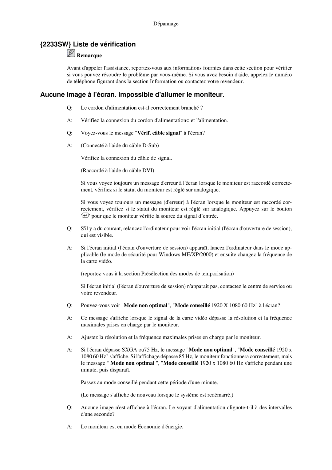 Samsung LS22CMZKFV/ZA, LS20CMZKFVA/EN 2233SW Liste de vérification, Aucune image à lécran. Impossible dallumer le moniteur 