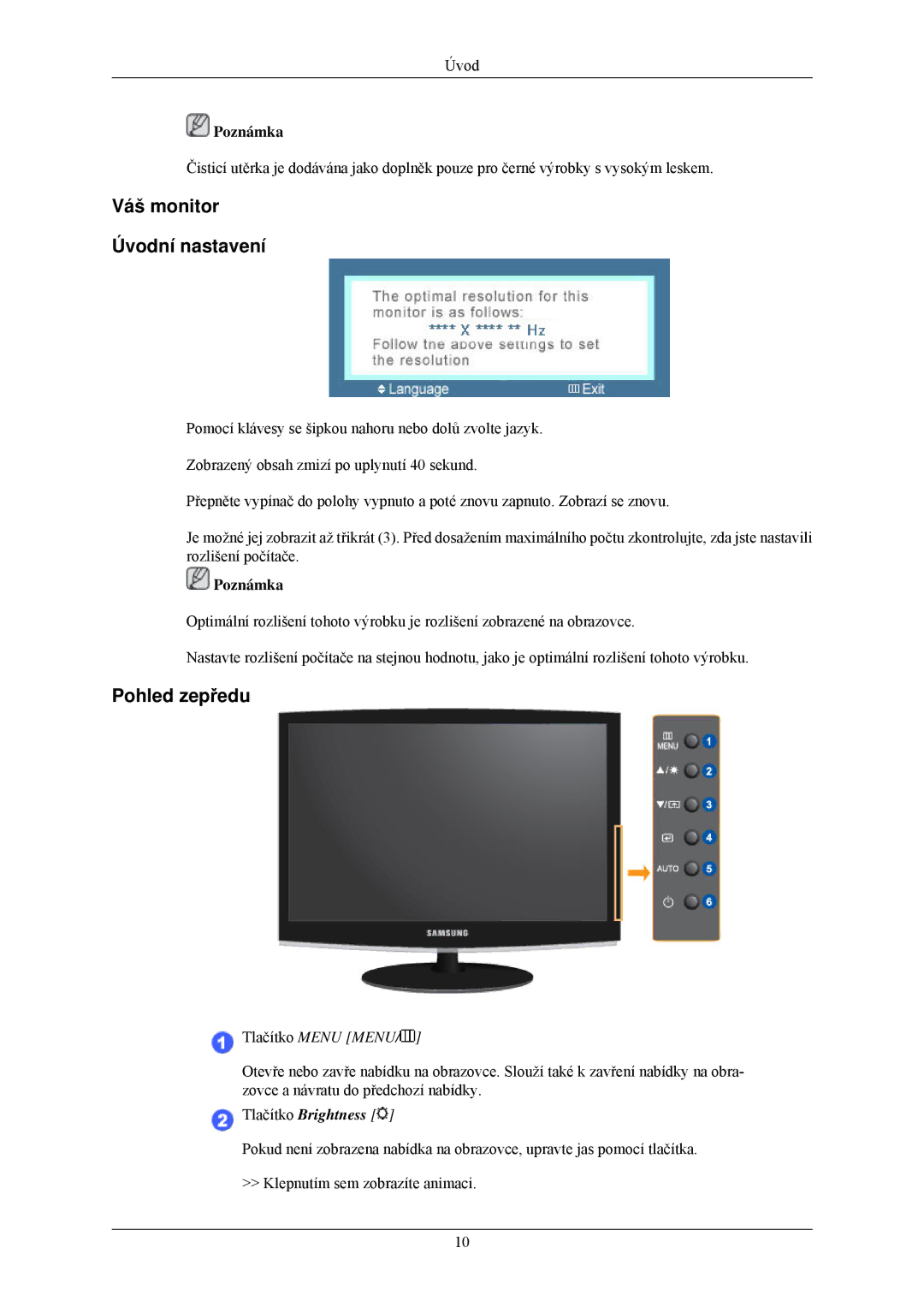 Samsung LS22CMZKFV/ZA, LS20CMZKFVA/EN, LS20CMZKFV/EN manual Váš monitor Úvodní nastavení, Pohled zepředu 