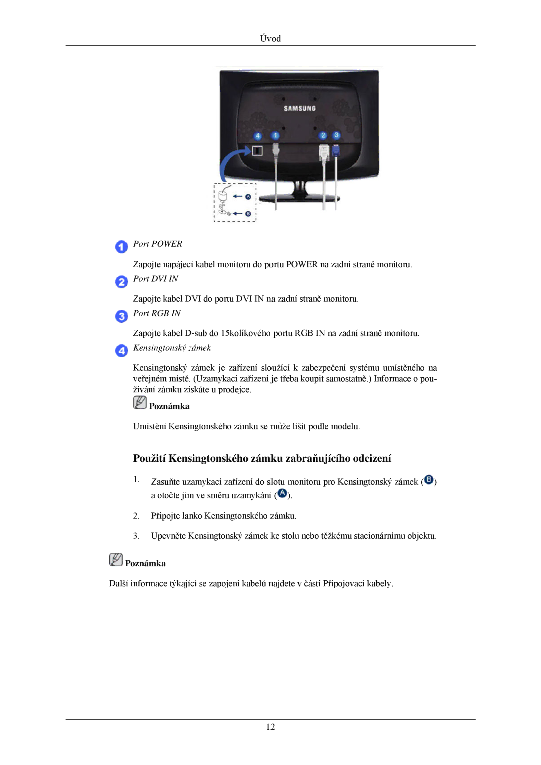 Samsung LS20CMZKFV/EN, LS20CMZKFVA/EN, LS22CMZKFV/ZA manual Použití Kensingtonského zámku zabraňujícího odcizení 