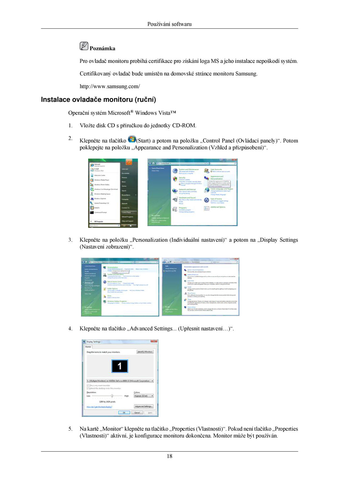 Samsung LS20CMZKFV/EN, LS20CMZKFVA/EN, LS22CMZKFV/ZA manual Instalace ovladače monitoru ruční 