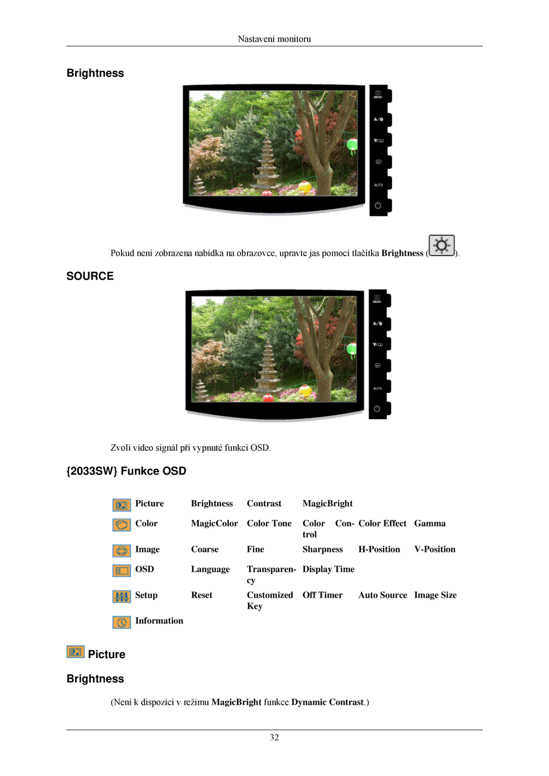 Samsung LS20CMZKFVA/EN, LS20CMZKFV/EN, LS22CMZKFV/ZA manual 2033SW Funkce OSD, Picture Brightness 