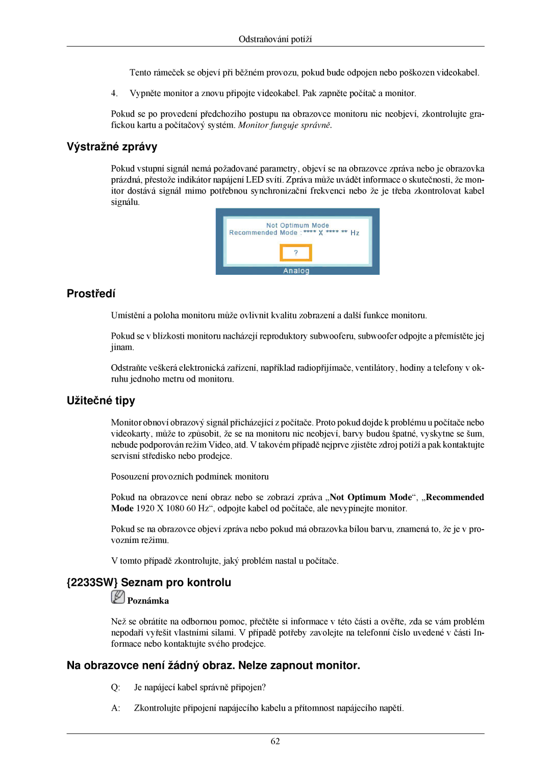 Samsung LS20CMZKFVA/EN, LS20CMZKFV/EN, LS22CMZKFV/ZA manual Výstražné zprávy, 2233SW Seznam pro kontrolu 