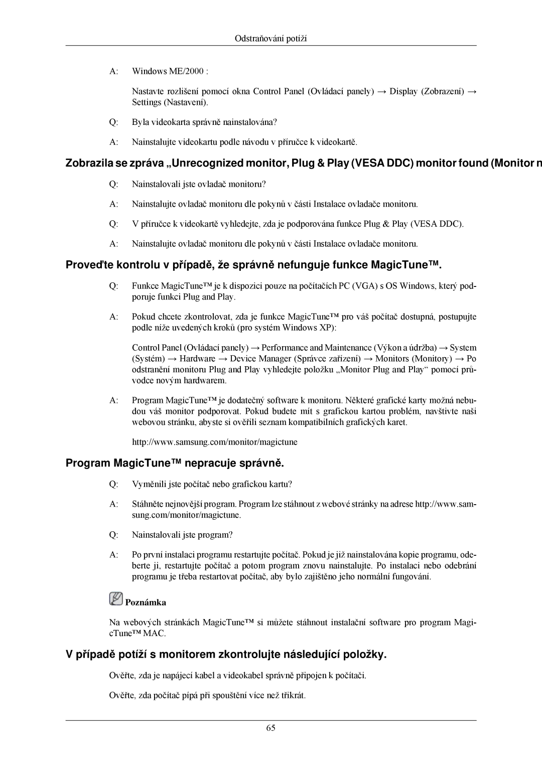 Samsung LS20CMZKFVA/EN, LS20CMZKFV/EN, LS22CMZKFV/ZA manual Program MagicTune nepracuje správně 