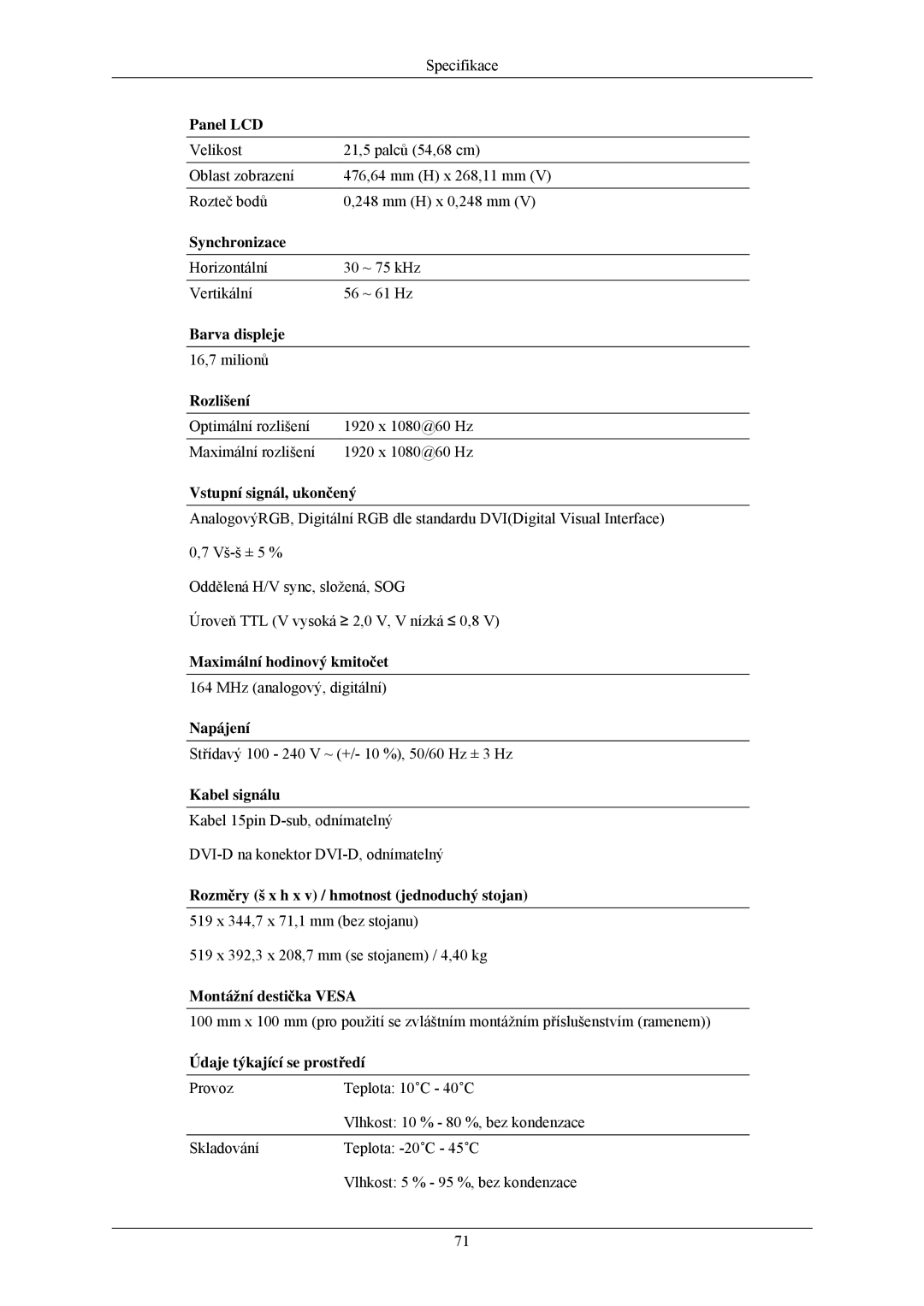 Samsung LS20CMZKFVA/EN, LS20CMZKFV/EN, LS22CMZKFV/ZA manual Horizontální 30 ~ 75 kHz Vertikální 56 ~ 61 Hz 