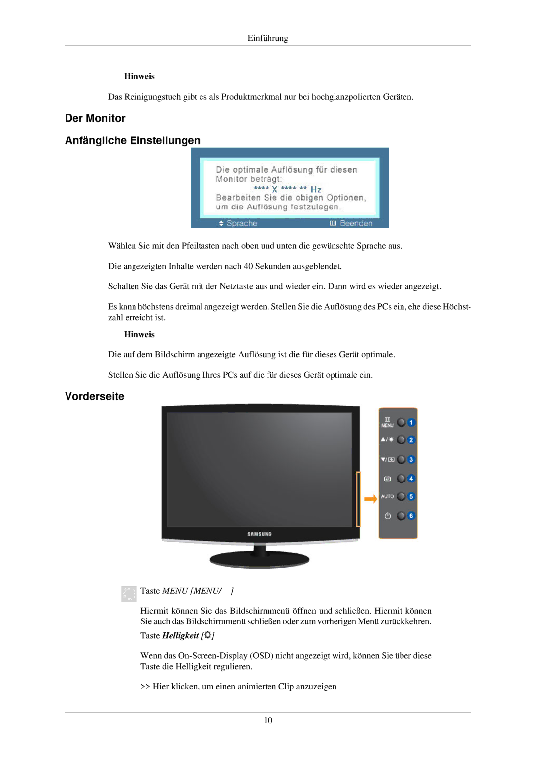 Samsung LS20CMZKFV/EN, LS20CMZKFVA/EN manual Der Monitor Anfängliche Einstellungen, Vorderseite 