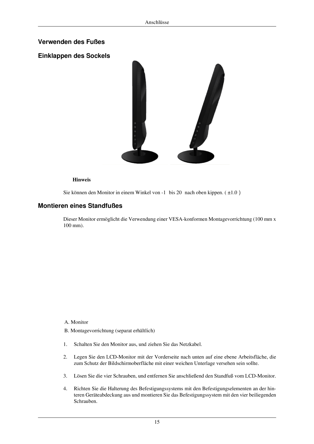 Samsung LS20CMZKFVA/EN, LS20CMZKFV/EN manual Verwenden des Fußes Einklappen des Sockels, Montieren eines Standfußes 