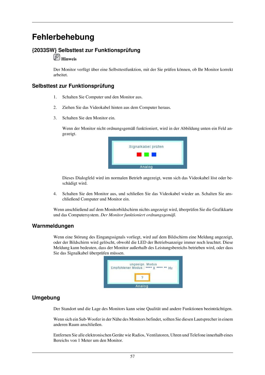 Samsung LS20CMZKFVA/EN, LS20CMZKFV/EN manual Fehlerbehebung, 2033SW Selbsttest zur Funktionsprüfung, Warnmeldungen, Umgebung 