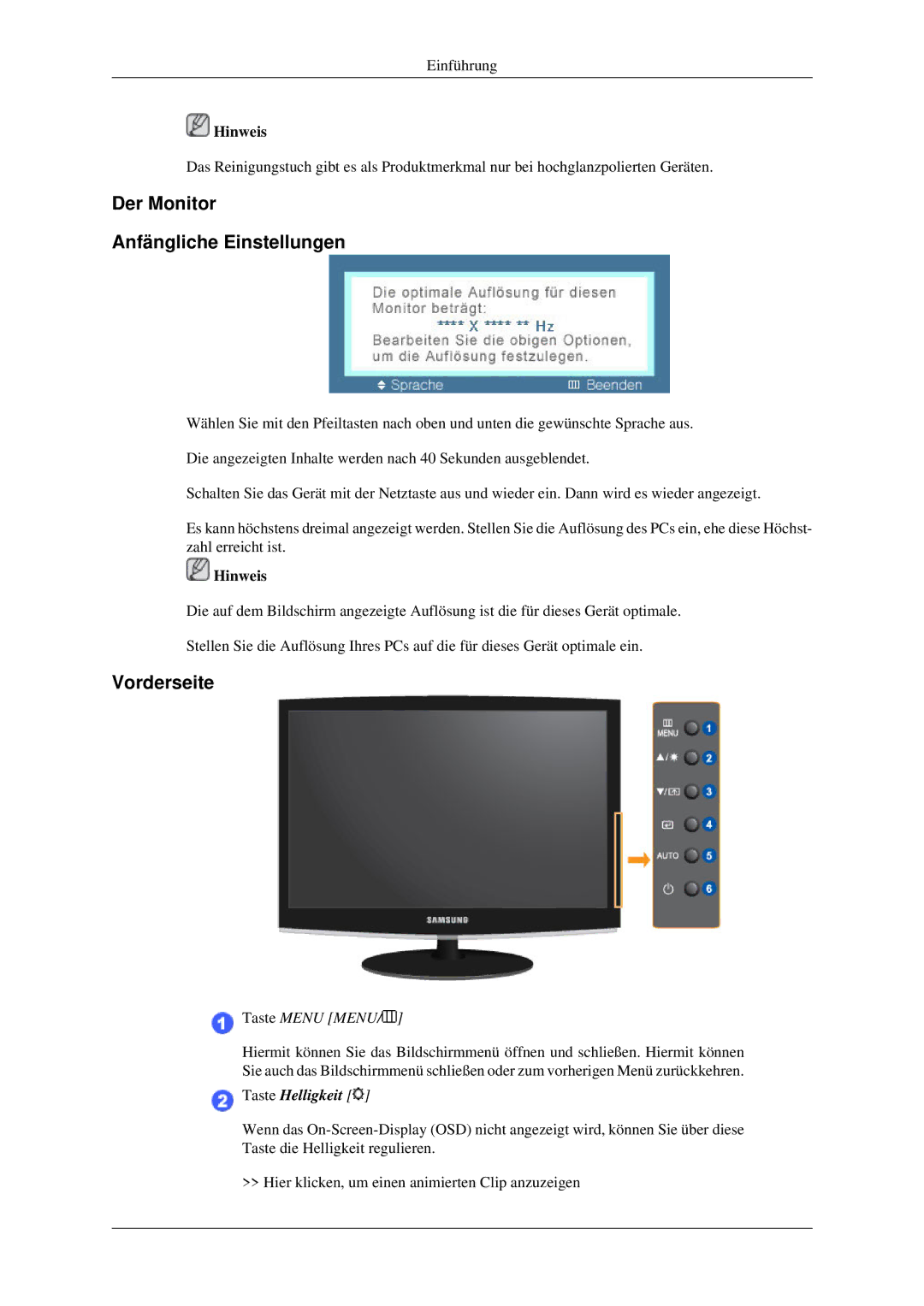 Samsung LS20CMZKFV/EN, LS20CMZKFVA/EN manual Der Monitor Anfängliche Einstellungen, Vorderseite 