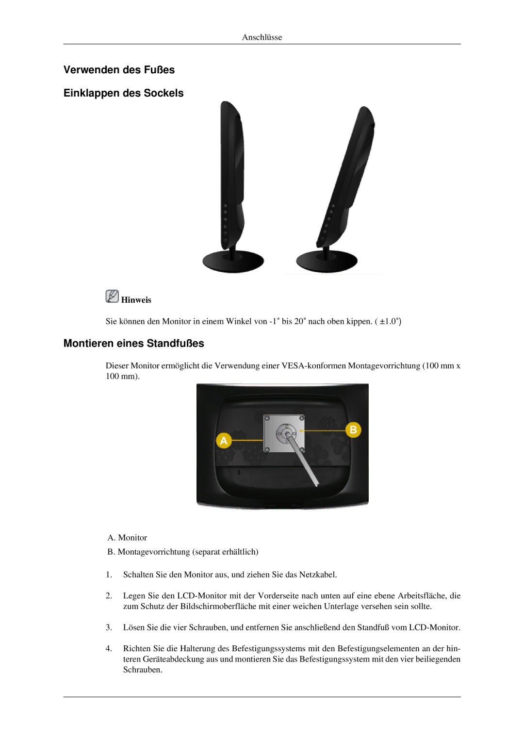 Samsung LS20CMZKFVA/EN, LS20CMZKFV/EN manual Verwenden des Fußes Einklappen des Sockels, Montieren eines Standfußes 