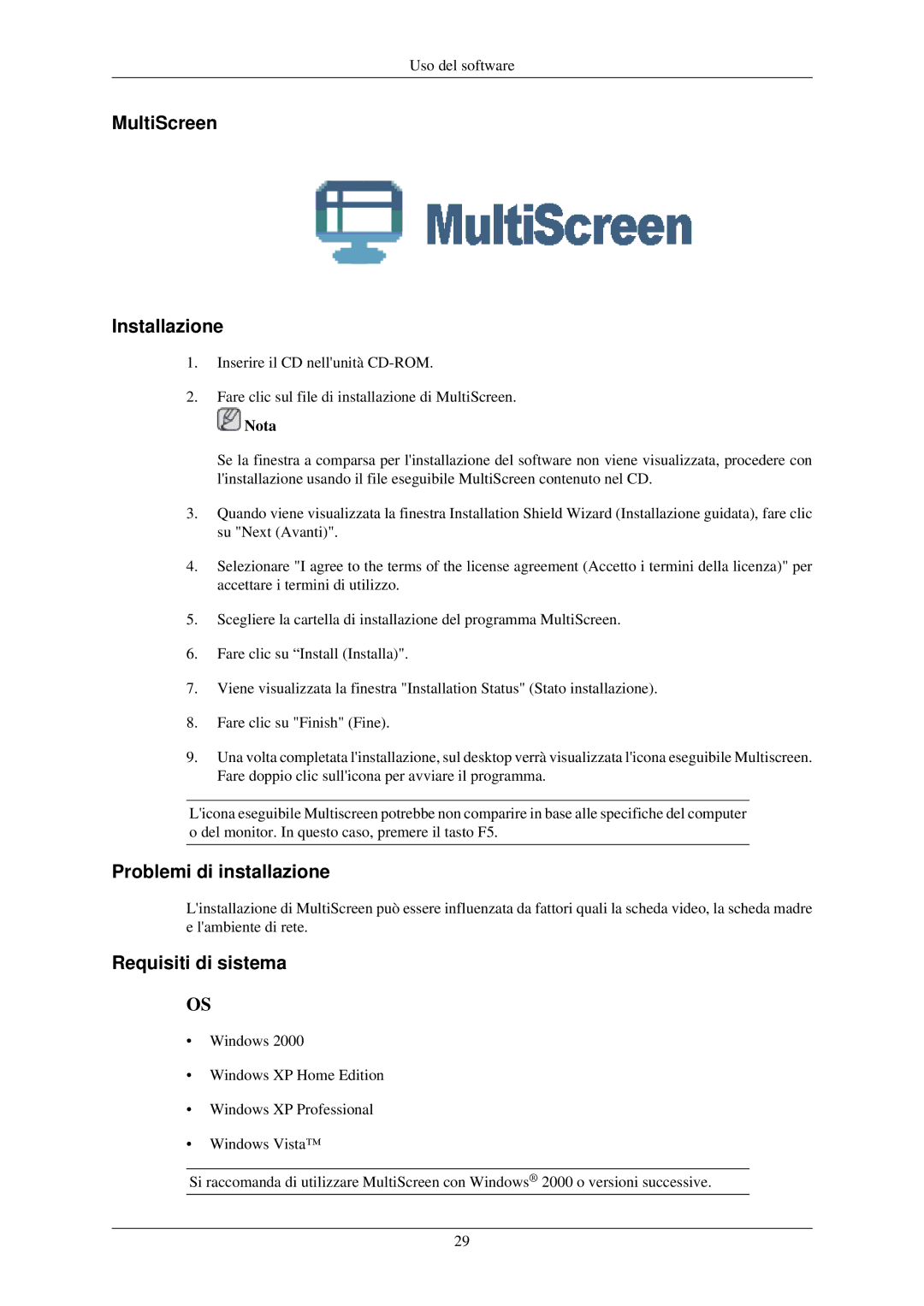 Samsung LS20CMZKFVA/EN, LS20CMZKFV/EN manual MultiScreen Installazione 