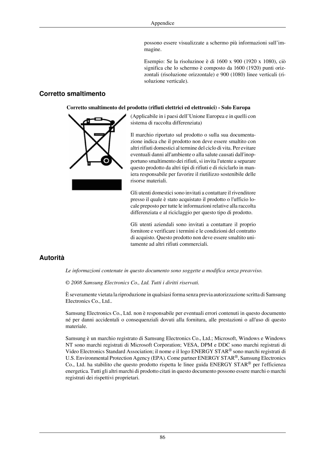 Samsung LS20CMZKFV/EN, LS20CMZKFVA/EN manual Corretto smaltimento, Autorità 