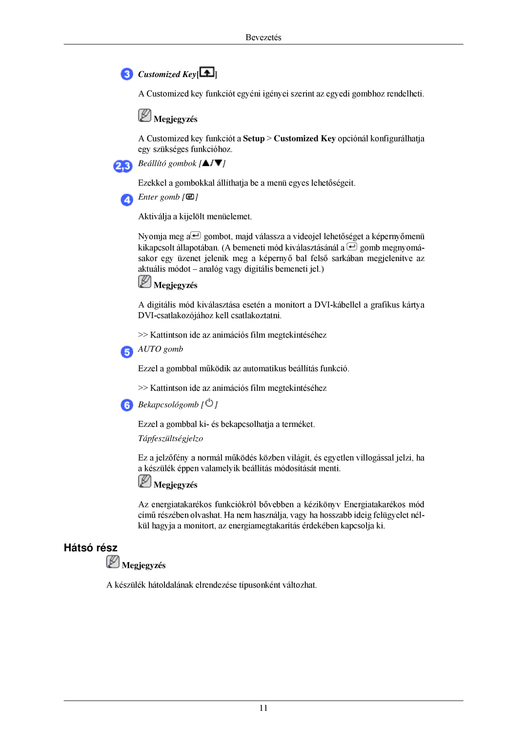 Samsung LS20CMZKFVA/EN, LS20CMZKFV/EN manual Hátsó rész, Customized Key 