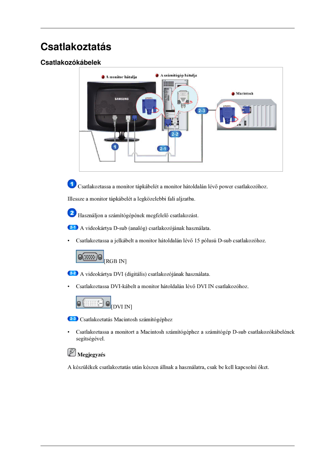 Samsung LS20CMZKFV/EN, LS20CMZKFVA/EN manual Csatlakoztatás, Csatlakozókábelek 