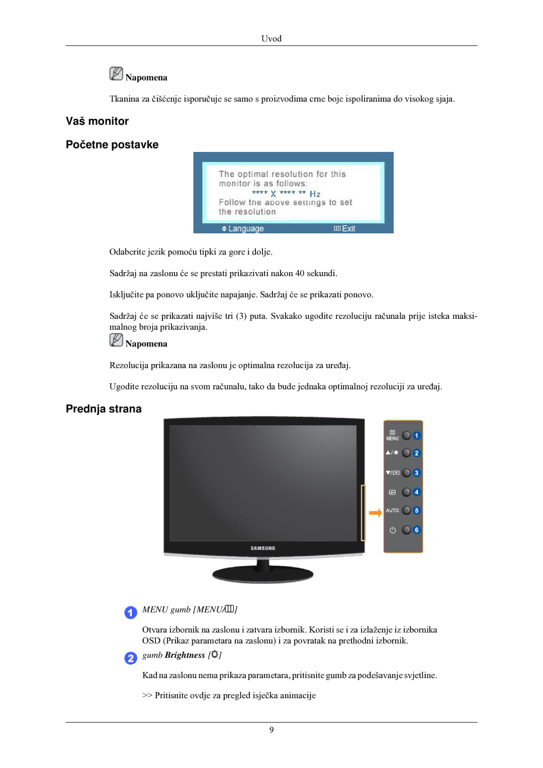 Samsung LS20CMZKFVA/EN, LS20CMZKFV/EN manual Vaš monitor Početne postavke, Prednja strana 