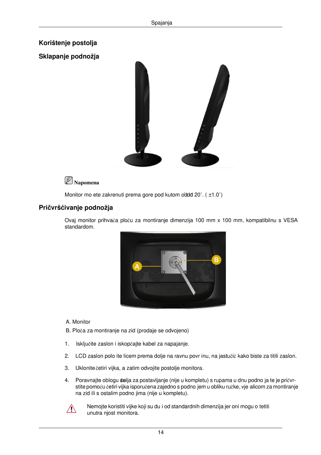 Samsung LS20CMZKFV/EN, LS20CMZKFVA/EN manual Korištenje postolja Sklapanje podnožja, Pričvršćivanje podnožja 