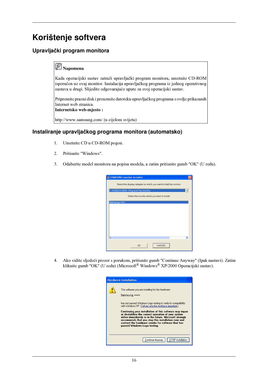 Samsung LS20CMZKFV/EN, LS20CMZKFVA/EN manual Korištenje softvera, Upravljački program monitora, Internetsko web-mjesto 