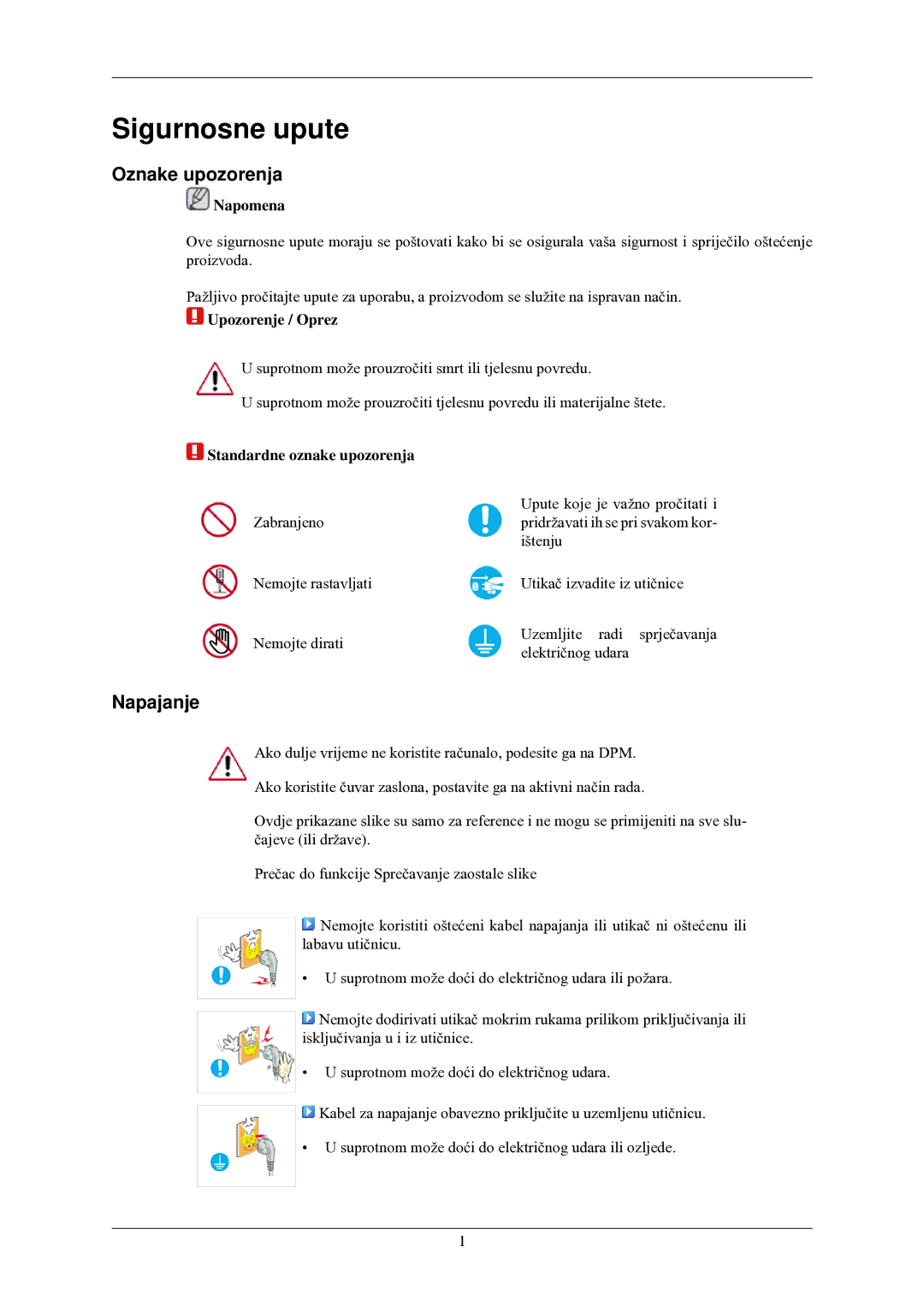 Samsung LS20CMZKFVA/EN, LS20CMZKFV/EN manual Sigurnosne upute, Oznake upozorenja, Napajanje 