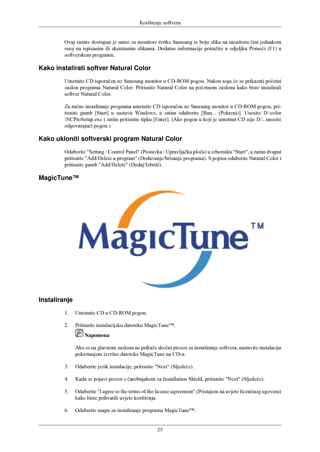 Samsung LS20CMZKFVA/EN manual Kako instalirati softver Natural Color, Kako ukloniti softverski program Natural Color 