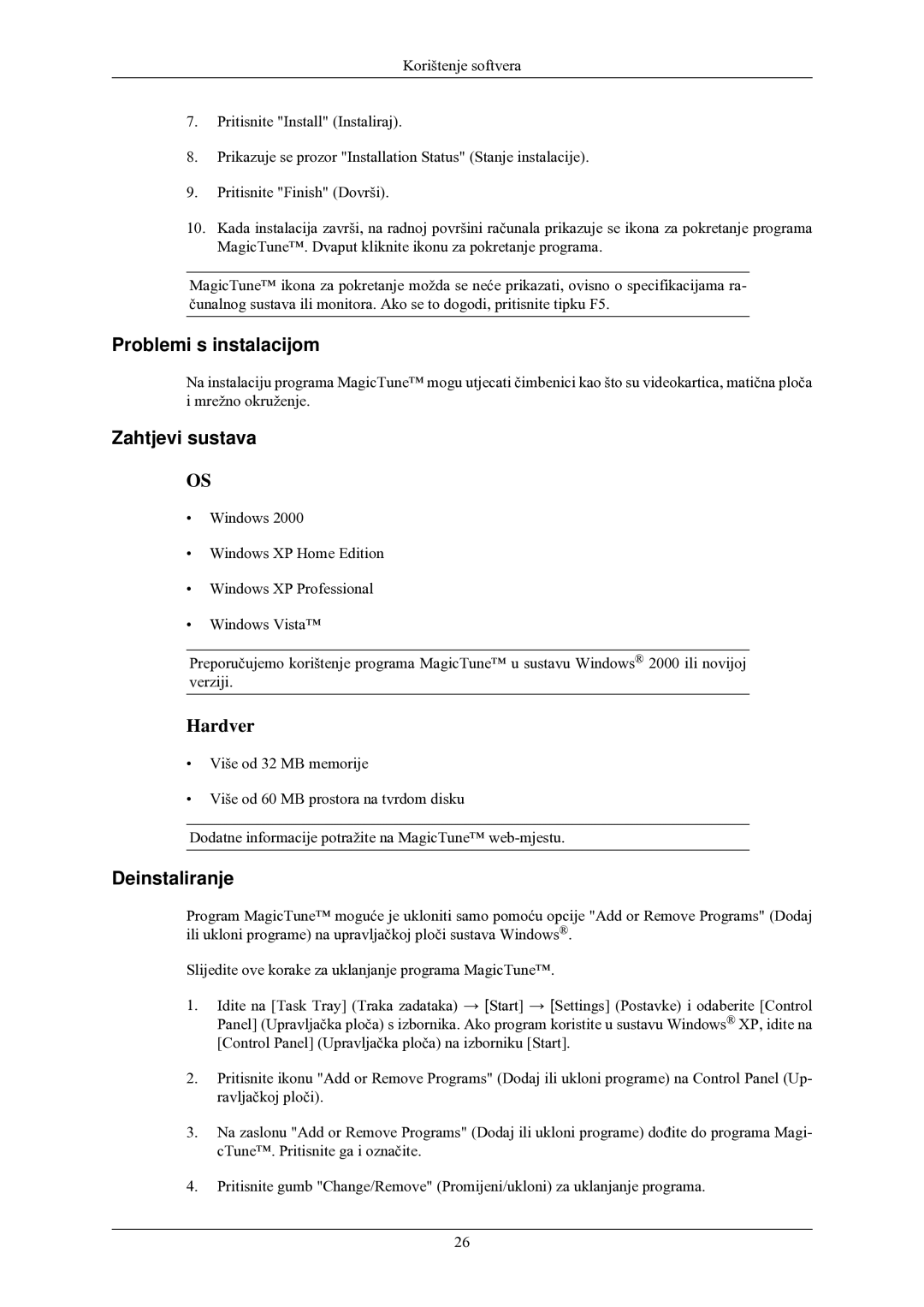 Samsung LS20CMZKFV/EN, LS20CMZKFVA/EN manual Problemi s instalacijom, Zahtjevi sustava, Deinstaliranje 