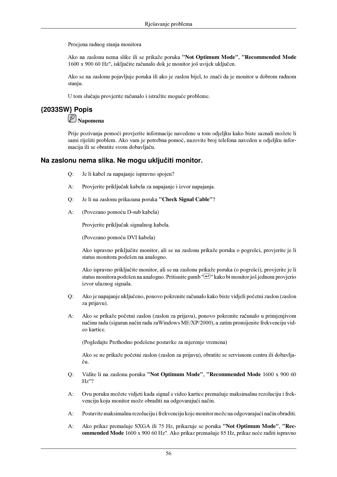 Samsung LS20CMZKFV/EN, LS20CMZKFVA/EN manual 2033SW Popis, Na zaslonu nema slika. Ne mogu uključiti monitor 