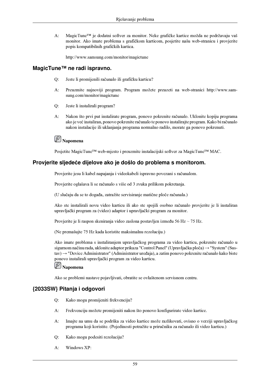 Samsung LS20CMZKFVA/EN, LS20CMZKFV/EN manual MagicTune ne radi ispravno, 2033SW Pitanja i odgovori 