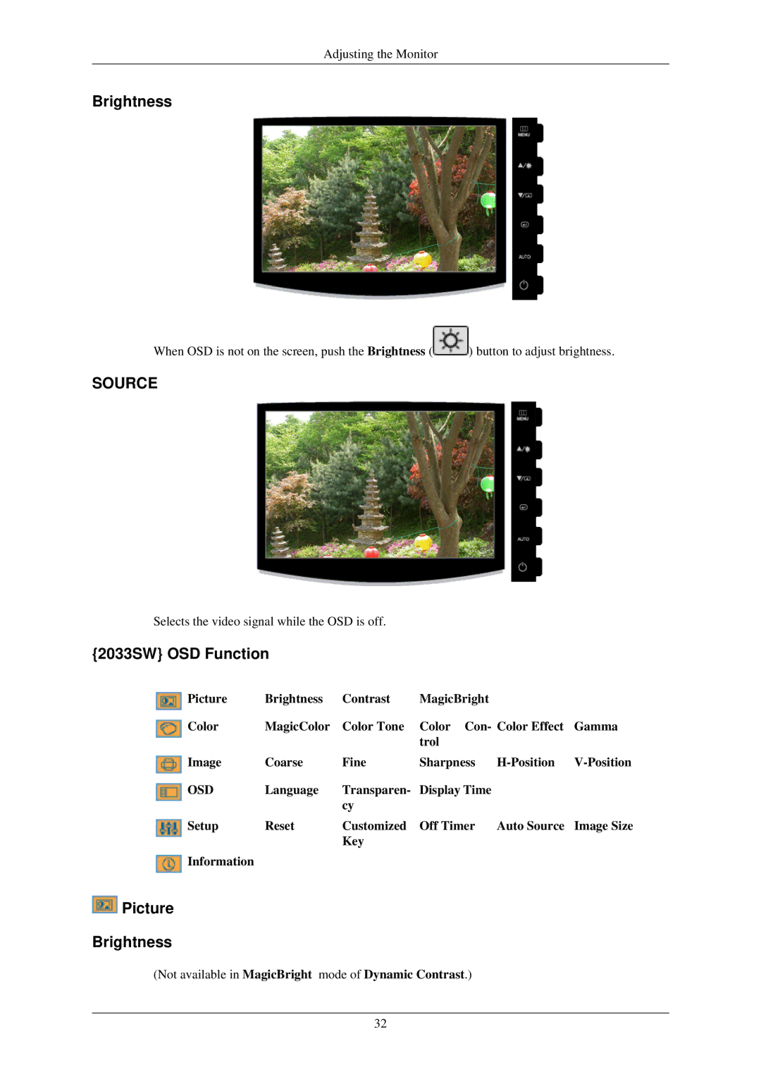 Samsung LS20CMZKFV/EN, LS20CMZKFV/XJ, LS22CMZKFV/XJ, LS20CMZKFVA/EN manual 2033SW OSD Function, Picture Brightness 