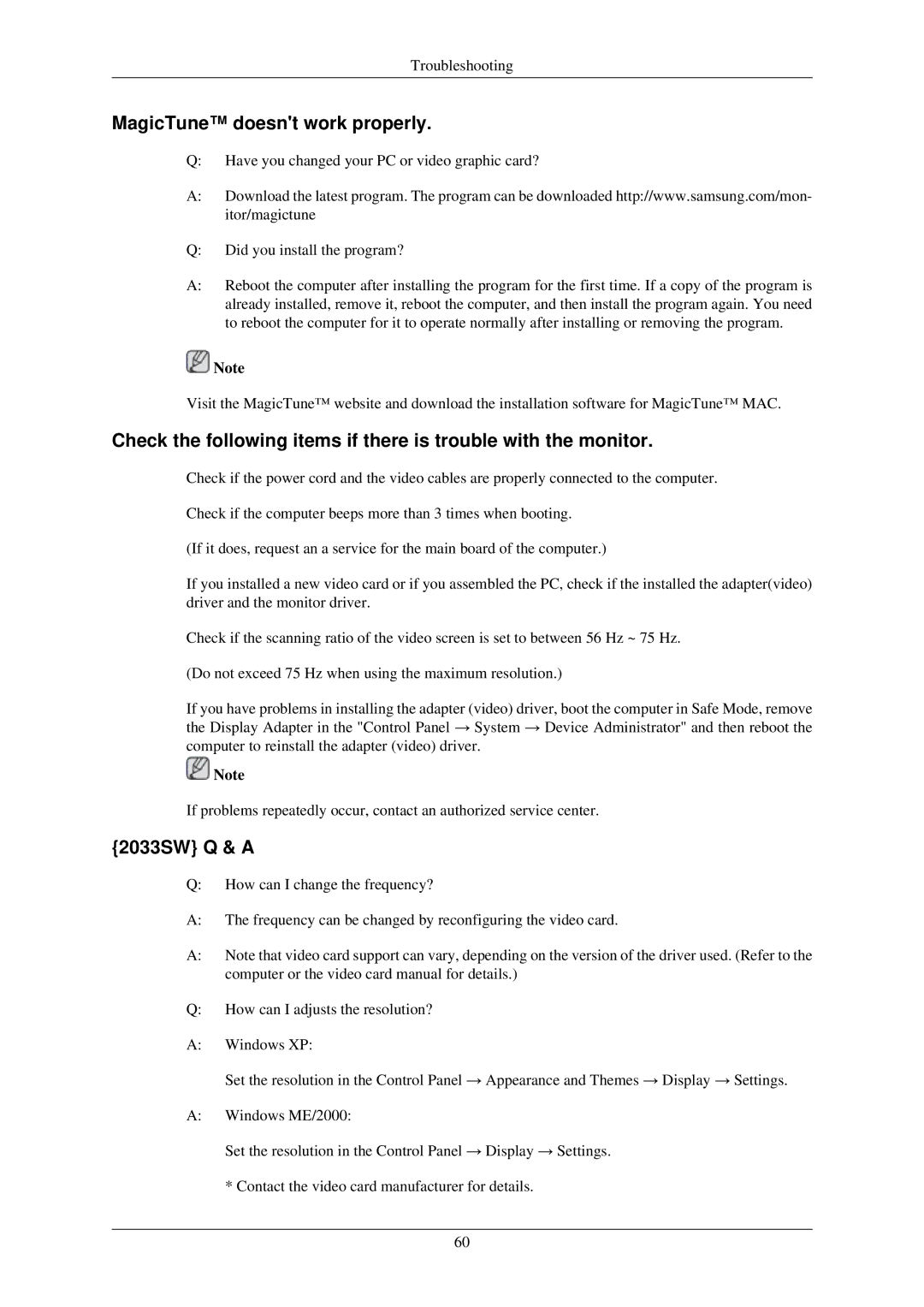 Samsung LS22CMZKFV/XJ, LS20CMZKFV/XJ, LS20CMZKFVA/EN, LS20CMZKFV/EN manual MagicTune doesnt work properly, 2033SW Q & a 