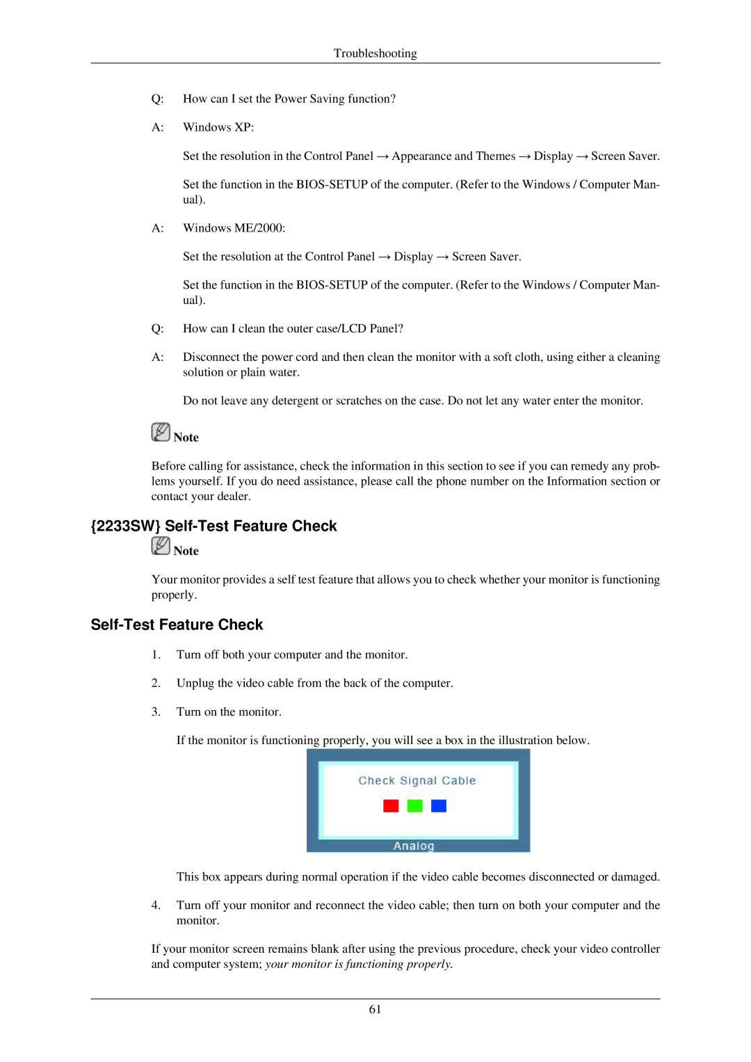 Samsung LS20CMZKFVA/EN, LS20CMZKFV/XJ, LS22CMZKFV/XJ, LS20CMZKFV/EN, LS22CMZKFV/ZA manual 2233SW Self-Test Feature Check 