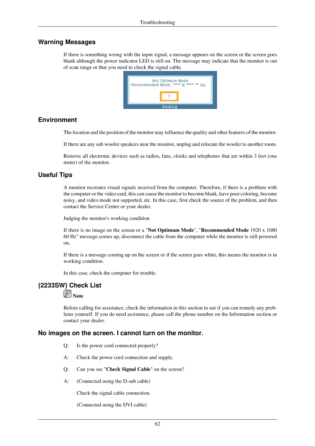 Samsung LS20CMZKFV/EN, LS20CMZKFV/XJ, LS22CMZKFV/XJ, LS20CMZKFVA/EN, LS22CMZKFV/ZA manual Environment, 2233SW Check List 