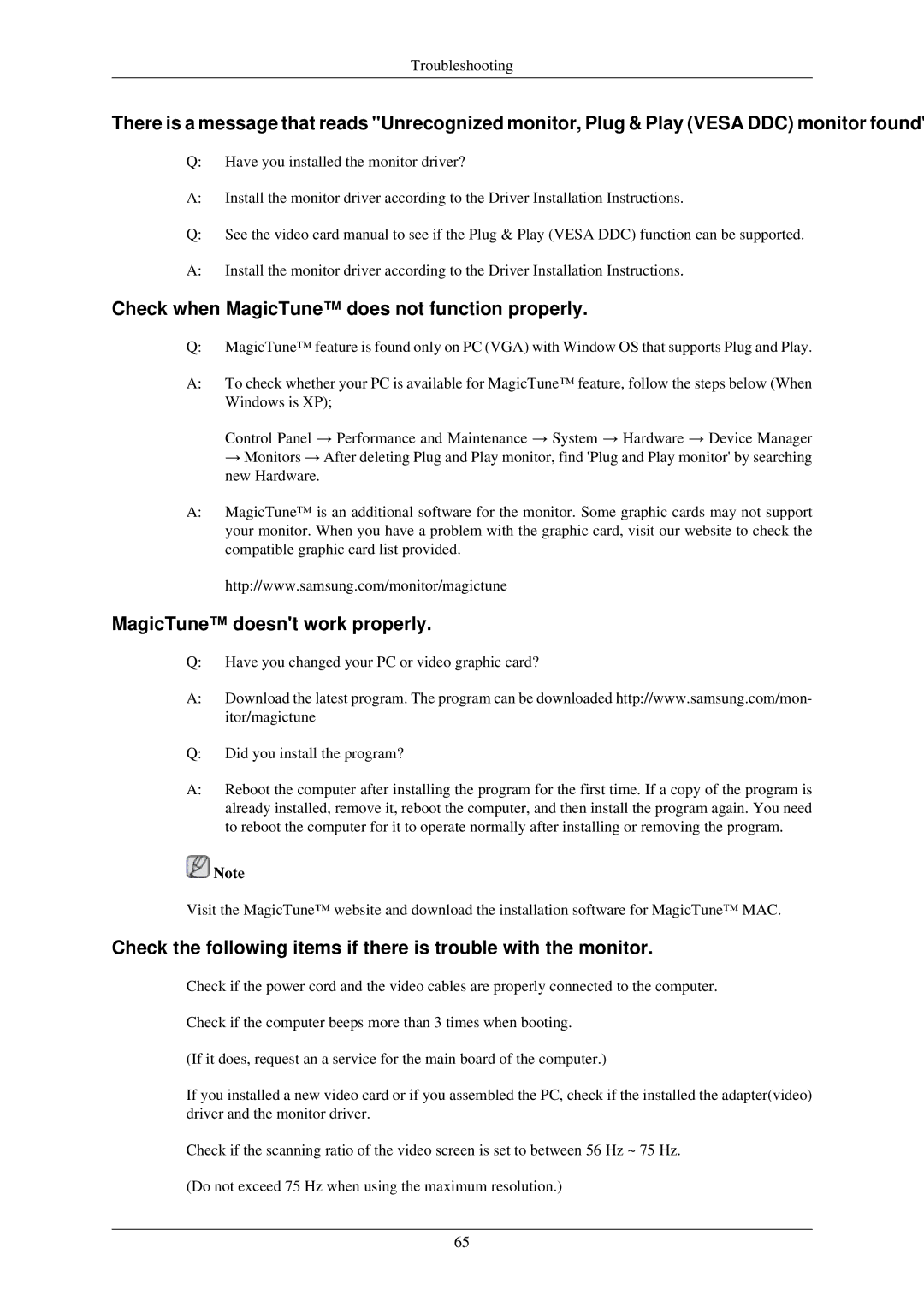 Samsung LS20CMZKFV/XA, LS20CMZKFV/XJ, LS22CMZKFV/XJ, LS20CMZKFVA/EN manual Check when MagicTune does not function properly 