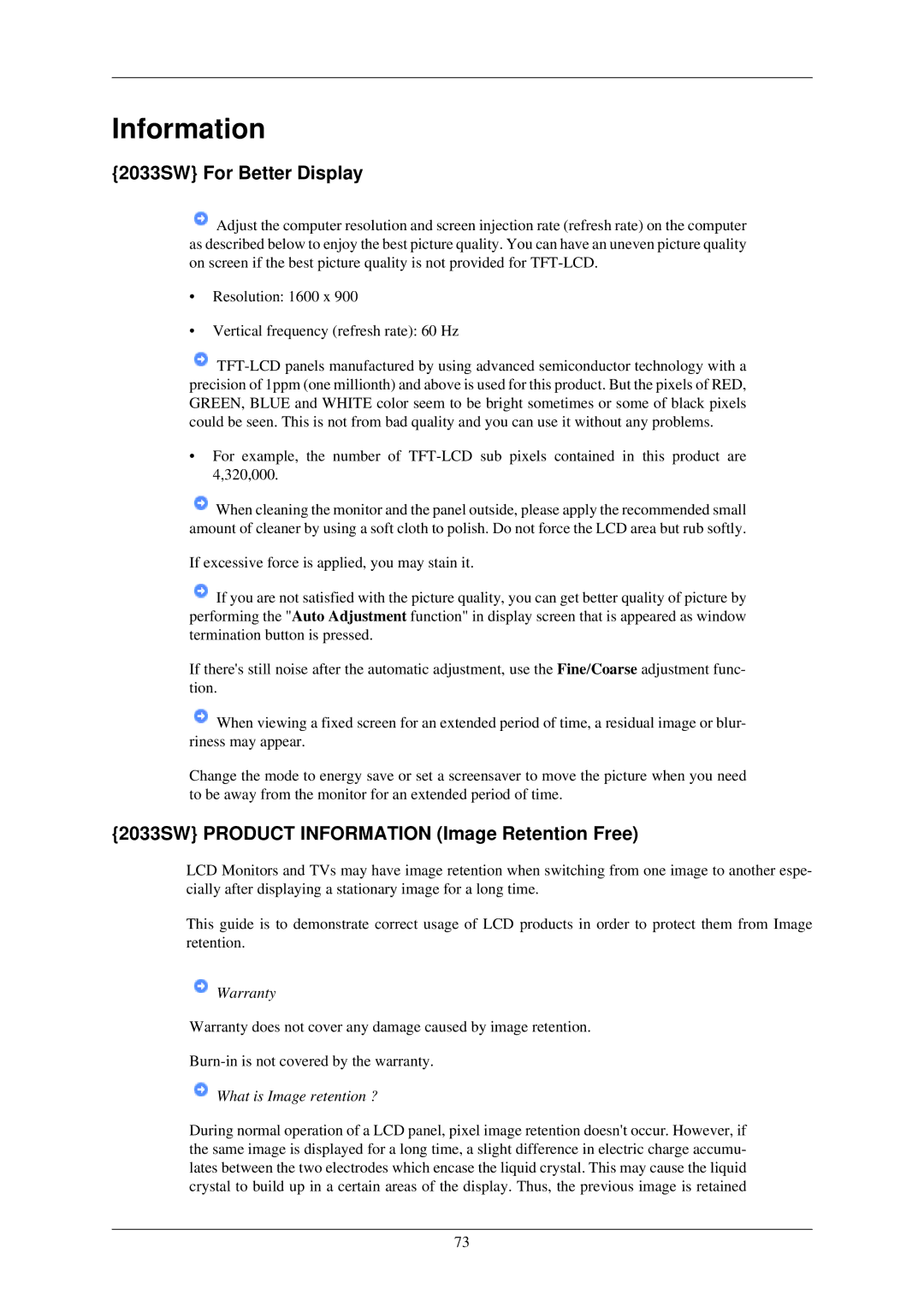 Samsung LS22CMZKFV/ZA, LS20CMZKFV/XJ manual 2033SW For Better Display, 2033SW Product Information Image Retention Free 